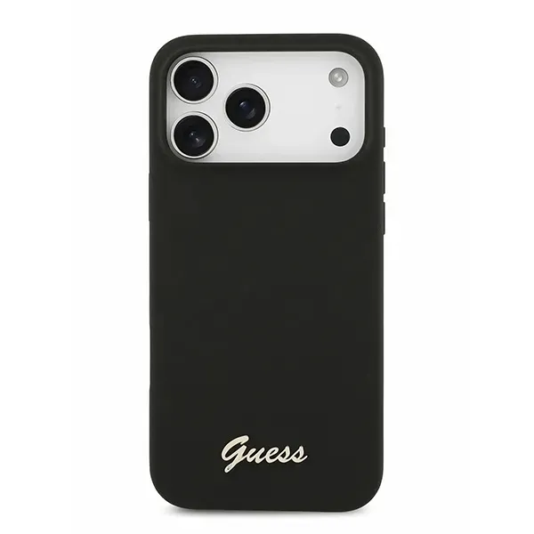 Чехол Guess для iPhone 17 Pro Max Liquid silicone Gold metal logo Hard Black (MagSafe), чёрный