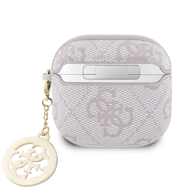 Чехол Guess для Airpods 4 PU leather 4G with Classic metal logo and Diamond charm Розовый