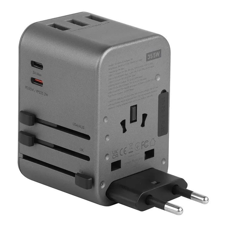 Сетевое зарядное устройство Energea TravelWorld Adapter 35, 2×USB-C + 3×USB-A, PD 35 Вт, серый