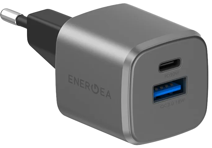 Сетевое зарядное устройство EnergEA Ampcharge GaN20, USB-C PD20 + USB-A QC18 total 20W Gunmetal