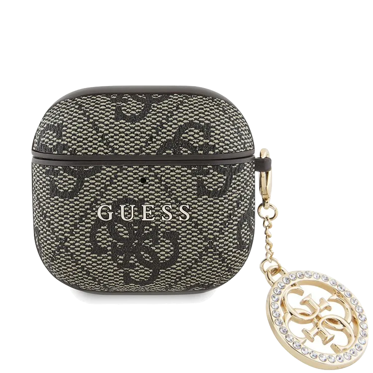 Чехол Guess для Airpods 4 PU leather 4G with Classic metal logo and Diamond charm Коричневый