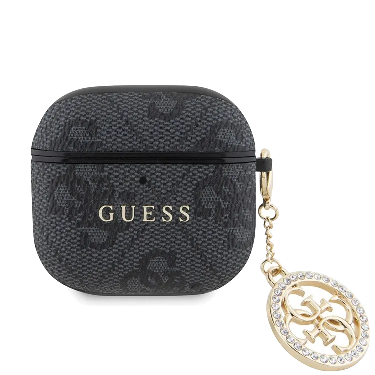 Чехол Guess для Airpods 4 PU leather 4G with Classic metal logo and Diamond charm Черный