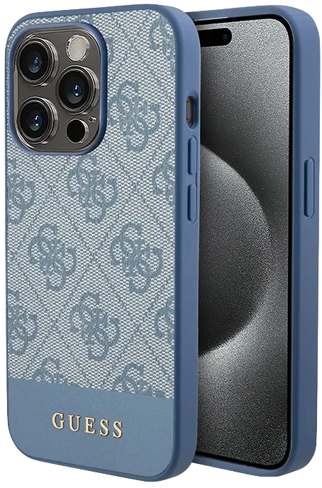 Чехол Guess для iPhone 15 Pro Max PU 4G Bottom stripe Metal logo Hard, Синий