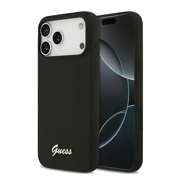 Чехол Guess для iPhone 17 Pro Max Liquid silicone Gold metal logo Hard Black (MagSafe), чёрный