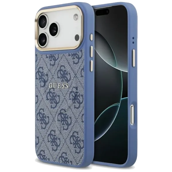Чехол Guess для iPhone 17 Pro Max PU 4G Classic metal logo Gold camera Hard, синий
