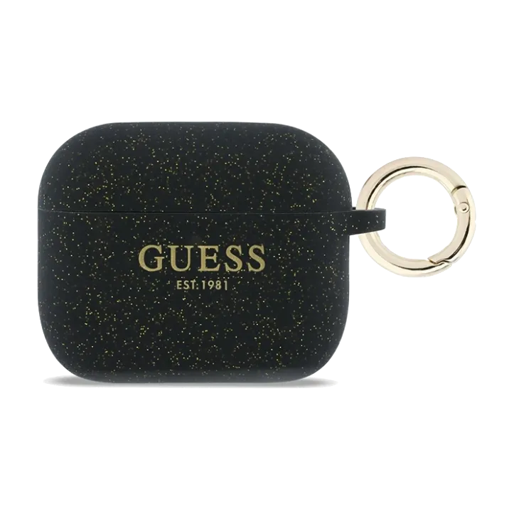 Чехол Guess для Airpods Pro 3 Silicone with ring Glitter/Black, чёрный с блёстками