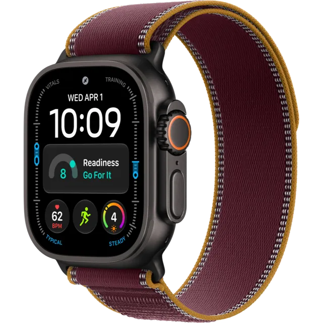 Apple Watch Ultra 4, 49 мм, корпус из чёрного титана, ремешок Trail цвета бургунди