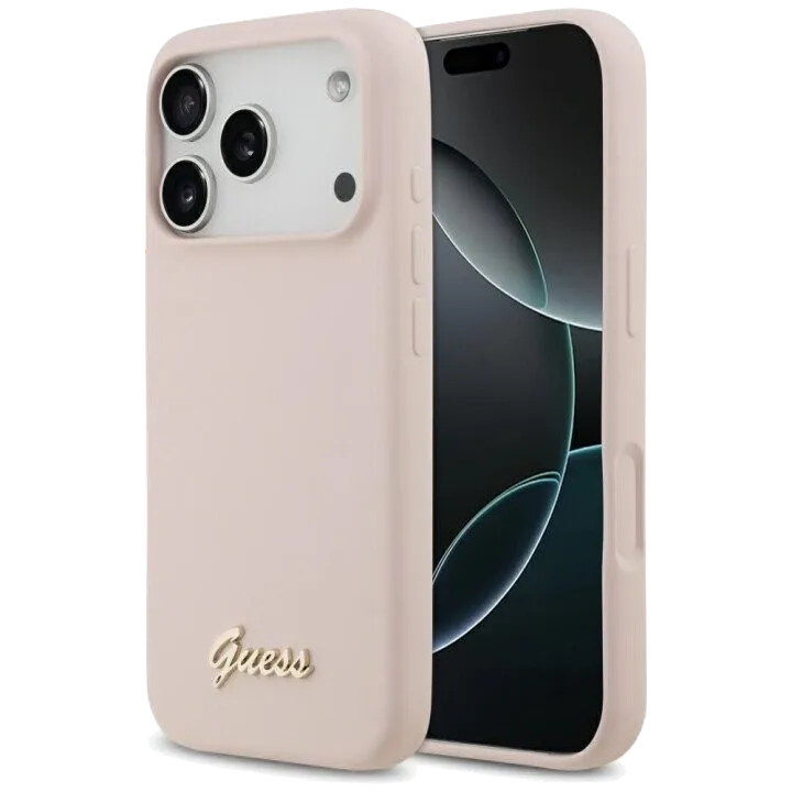 Чехол Guess для iPhone 17 Pro Liquid silicone Gold metal logo & Camera Hard, розовый