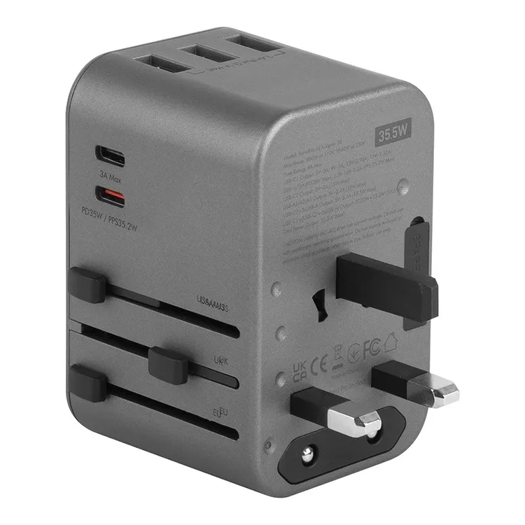 Сетевое зарядное устройство Energea TravelWorld Adapter 35, 2×USB-C + 3×USB-A, PD 35 Вт, серый