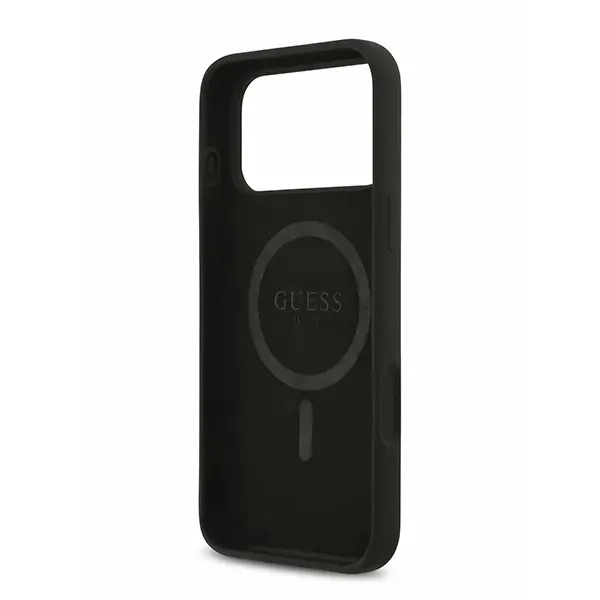 Чехол Guess для iPhone 17 Pro Max Liquid silicone Gold metal logo Hard Black (MagSafe), чёрный