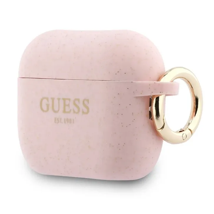 Чехол Guess для Airpods Pro 3 Silicone with ring Glitter/Pink, розовый с блёстками