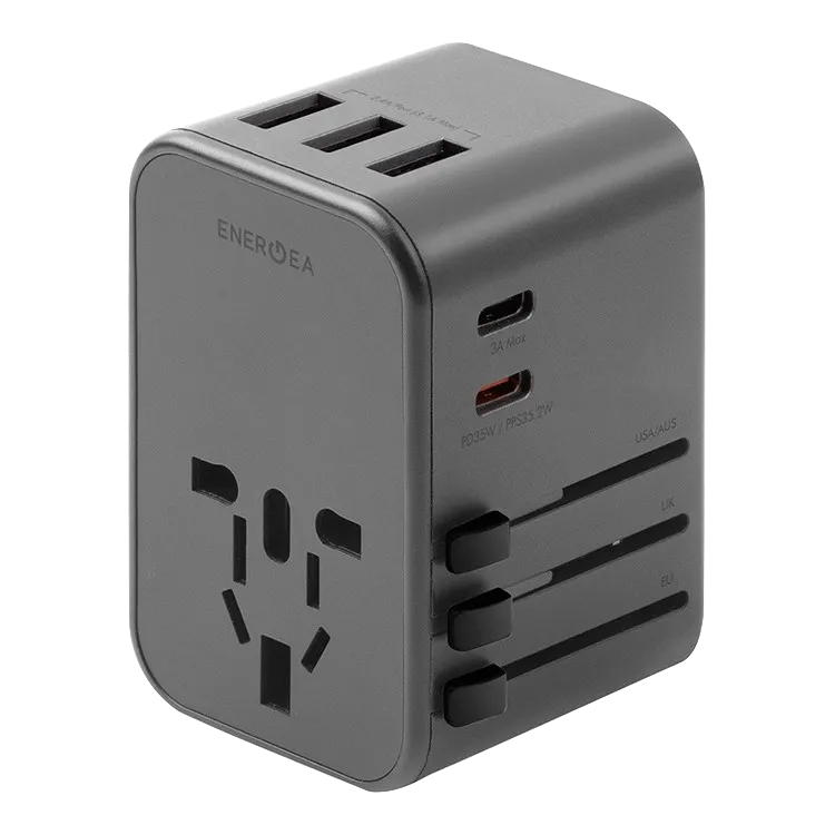 Сетевое зарядное устройство Energea TravelWorld Adapter 35, 2×USB-C + 3×USB-A, PD 35 Вт, серый