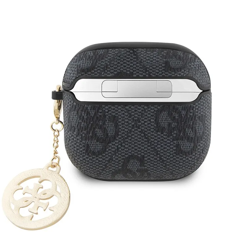 Чехол Guess для Airpods 4 PU leather 4G with Classic metal logo and Diamond charm Черный