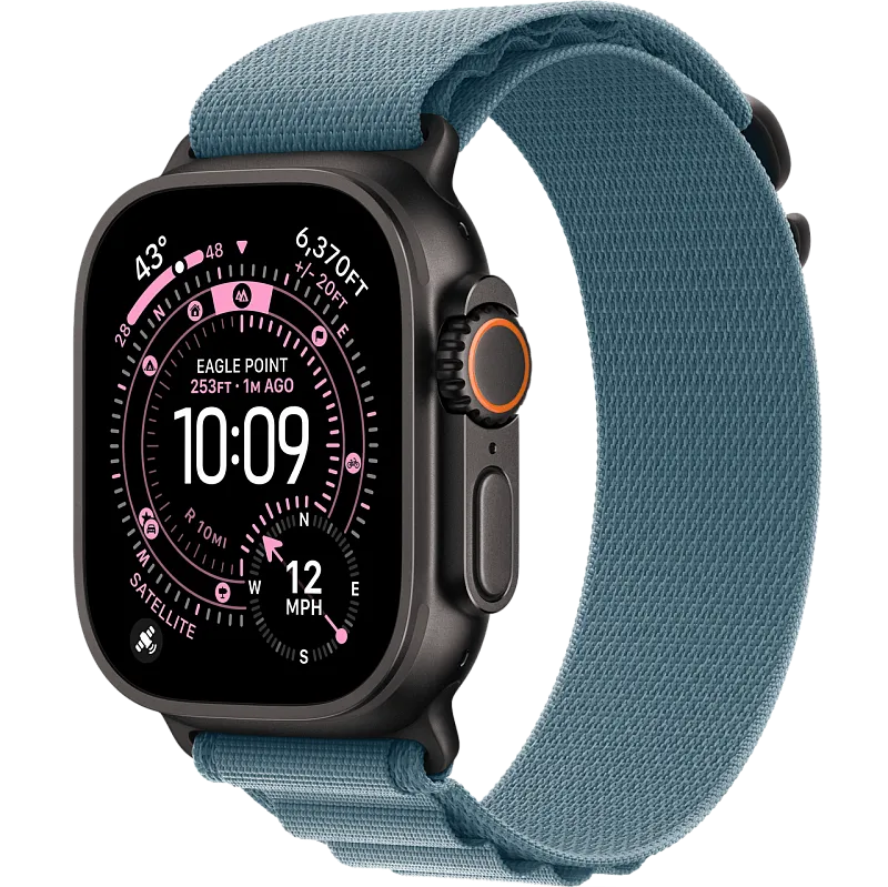 Apple Watch Ultra 3, 49 мм, корпус из чёрного титана, ремешок Alpine голубого цвета