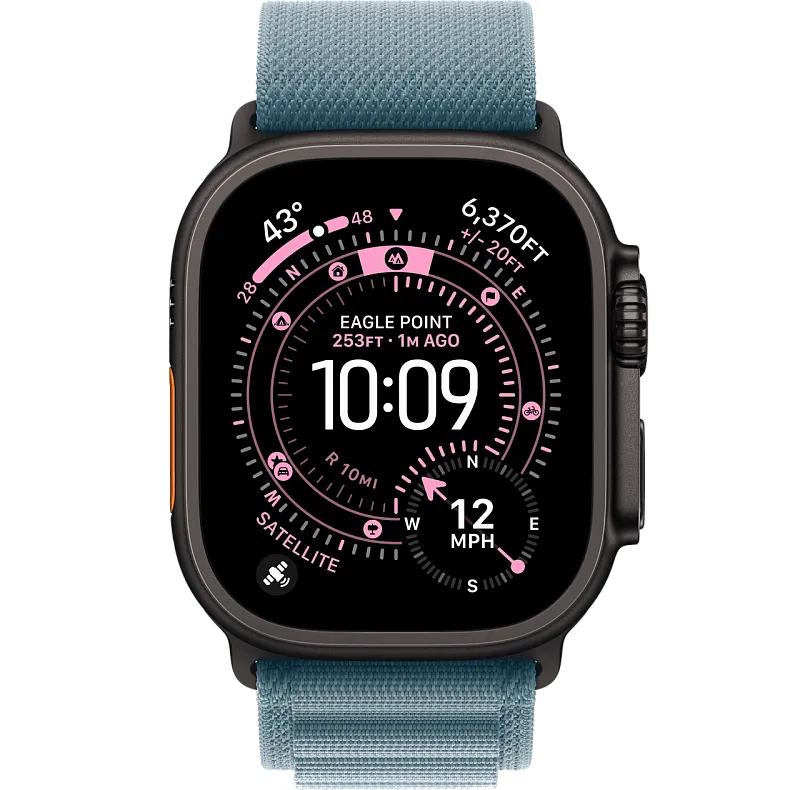 Apple Watch Ultra 3, 49 мм, корпус из чёрного титана, ремешок Alpine голубого цвета