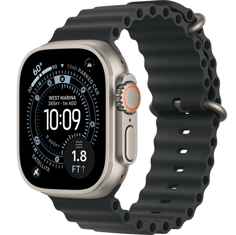 Apple Watch Ultra 3, 49 мм, корпус из бежевого титана, ремешок Ocean чёрного цвета