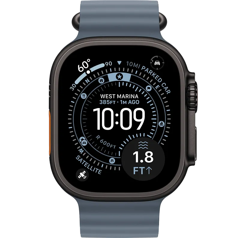 Apple Watch Ultra 3, 49 мм, корпус из чёрного титана, ремешок Ocean цвета «якорный синий»