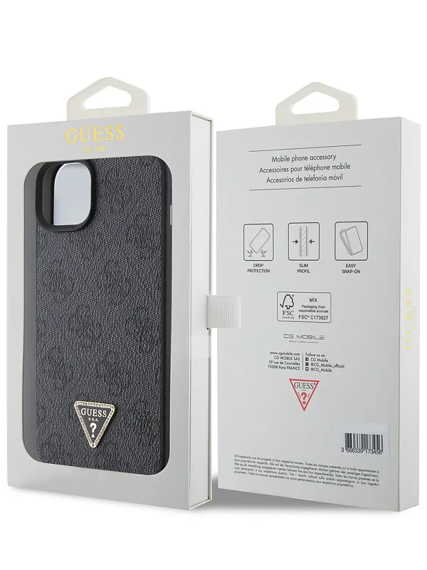 Чехол Guess для iPhone 15 PU 4G Triangle Diamond metal logo Hard Black