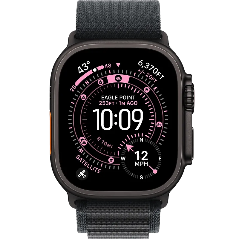 Apple Watch Ultra 3, 49 мм, корпус из чёрного титана, ремешок Alpine чёрного цвета