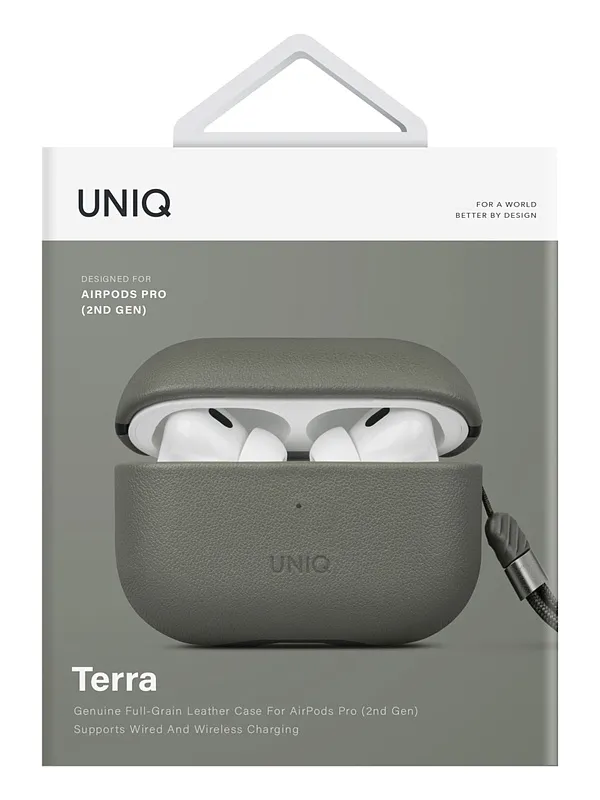 Чехол Uniq для Airpods Pro 2 Terra Genuine Leather with handstrap Lichen Green