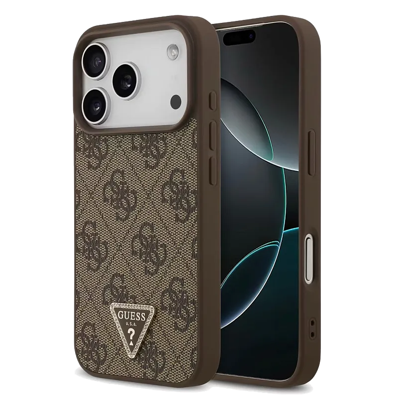 Чехол Guess для iPhone 17 Pro PU 4G Triangle Diamond metal logo Hard, коричневый