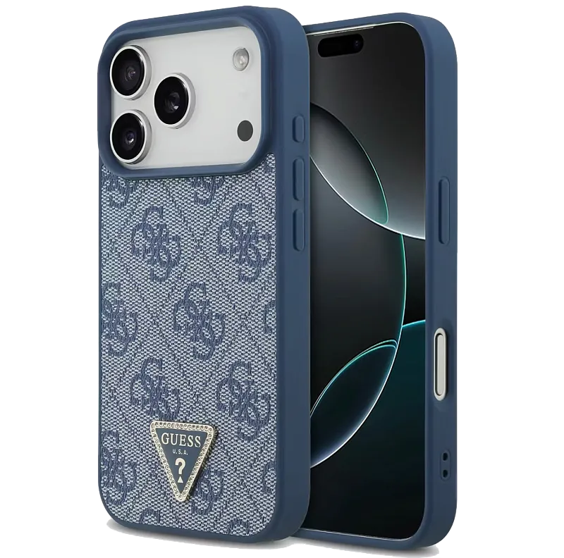 Чехол Guess для iPhone 17 Pro PU 4G Triangle Diamond metal logo Hard, синий