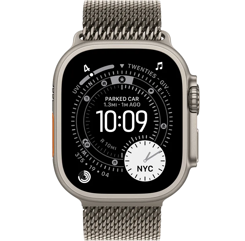 Apple Watch Ultra 3, 49 мм, корпус из бежевого титана, миланский сетчатый браслет