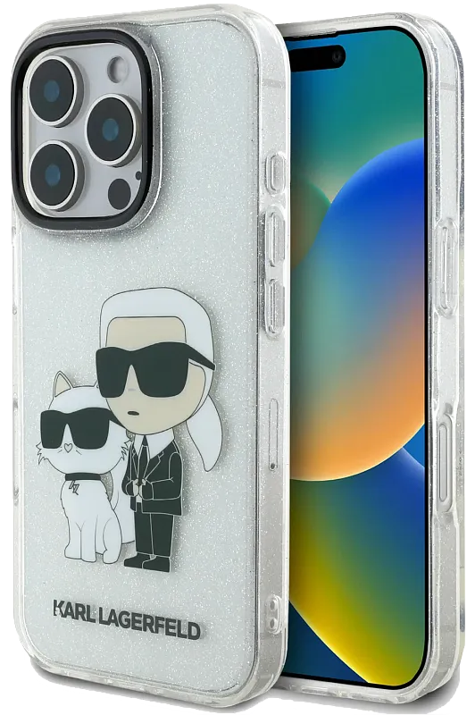 Чехол Lagerfeld для iPhone 16 Pro PC/TPU NFT Karl & Choupette Hard Glitter Transparent