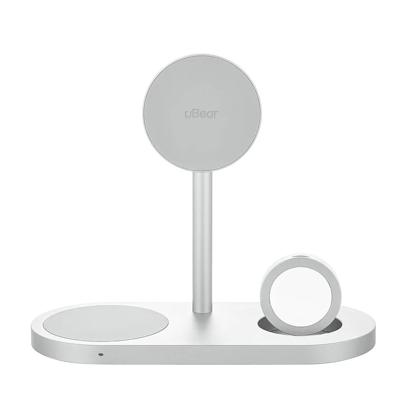 Беспроводное зарядное устройство uBear Stage Ultra, 3-в-1, с поддержкой MagSafe, Qi2, серебристый