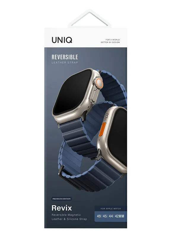 Ремешок Uniq для Apple Watch 49/45/44/42 mm Revix Premium Ed. Leather/Silicone Prussian/Mist Blue