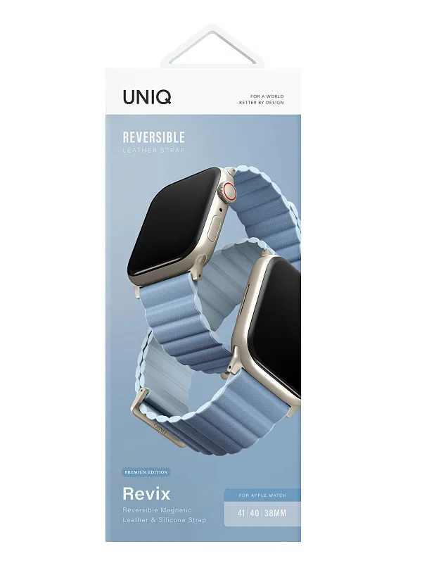Ремешок Uniq для Apple Watch 41/40/38 mm Revix Premium Ed. Leather/Silicone Arctic/Soft Blue
