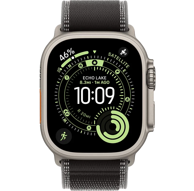 Apple Watch Ultra 3, 49 мм, корпус из бежевого титана, ремешок Trail цвета «чёрный/угольно-чёрный»