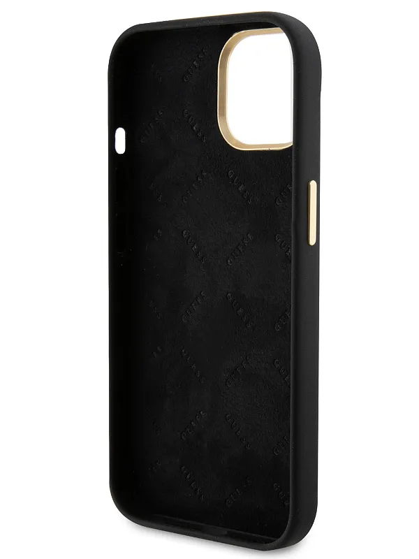 Чехол Guess для iPhone 15 Liquid silicone Gold metal logo & Camera frame Hard Black