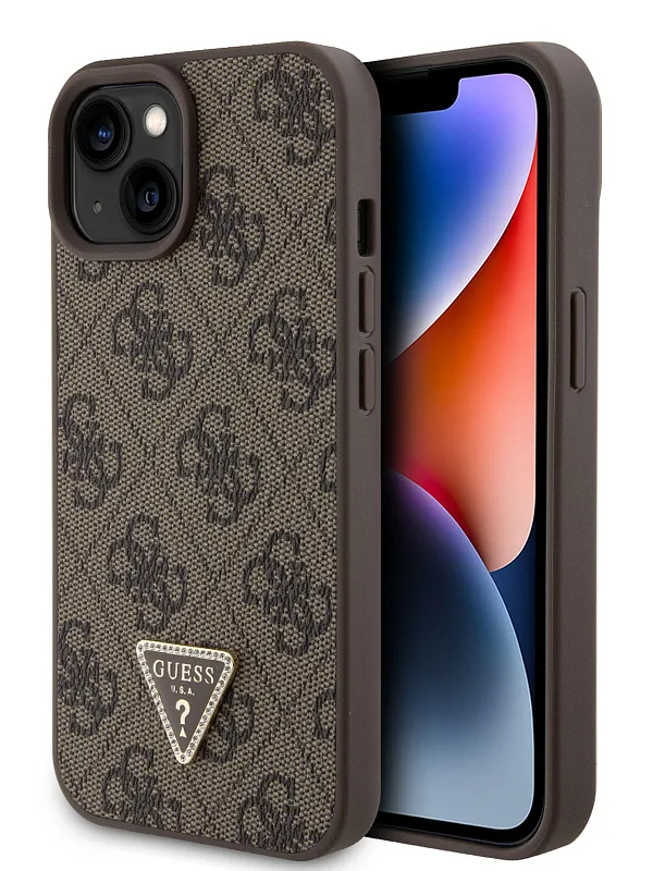 Чехол Guess для iPhone 15 PU 4G Triangle Diamond metal logo Hard Brown
