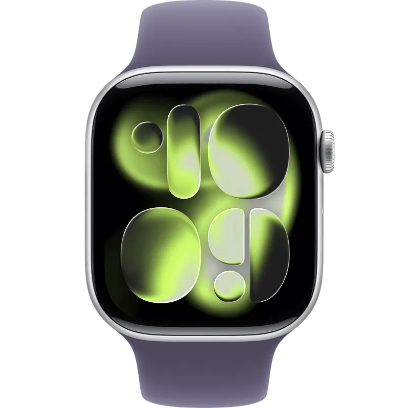 Apple Watch Series 11, 42 мм, корпус из алюминия серебристого цвета, спортивный ремешок цвета «фиолетовый туман»