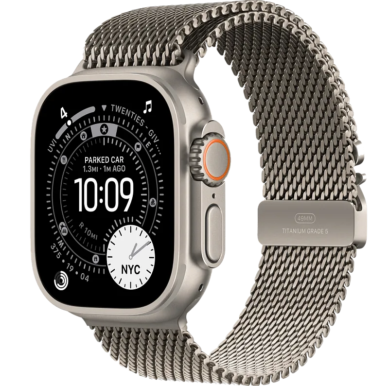 Apple Watch Ultra 3, 49 мм, корпус из бежевого титана, миланский сетчатый браслет