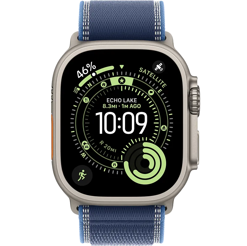 Apple Watch Ultra 3, 49 мм, корпус из бежевого титана, ремешок Trail цвета «синий/ярко-синий»
