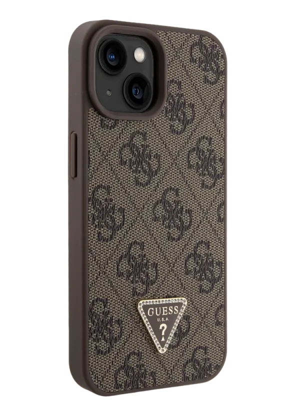 Чехол Guess для iPhone 15 PU 4G Triangle Diamond metal logo Hard Brown