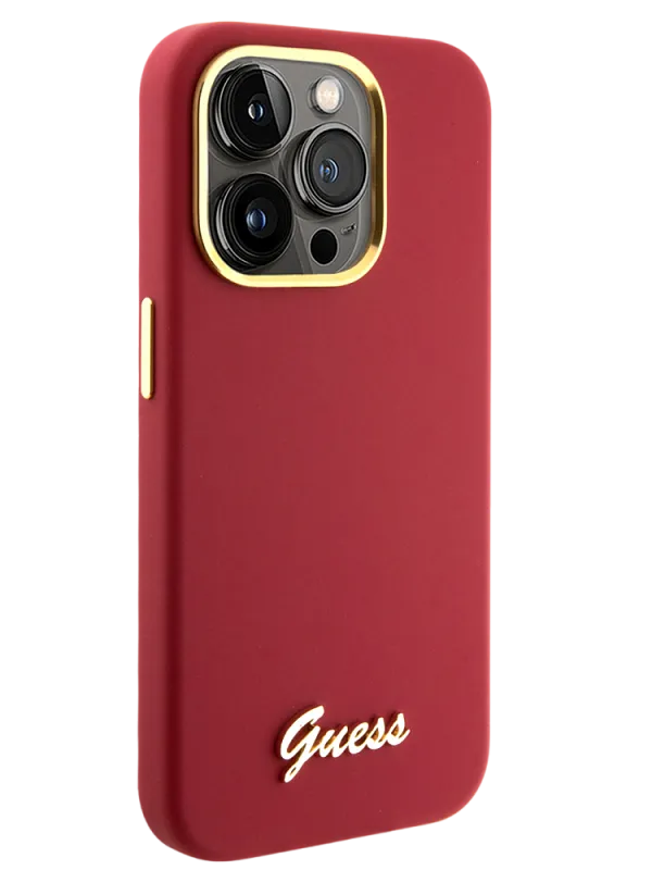 Чехол Guess для iPhone 15 Pro чехол Liquid silicone Gold metal logo & Camera frame Hard Magenta