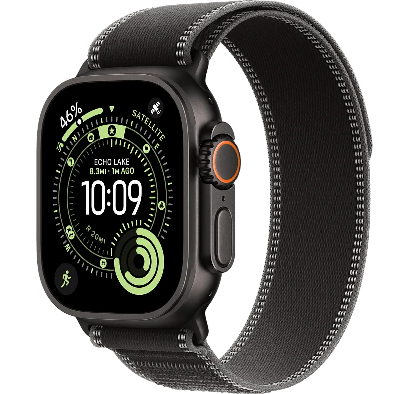 Apple Watch Ultra 3, 49 мм, корпус из чёрного титана, ремешок Trail цвета «чёрный/угольно-чёрный»