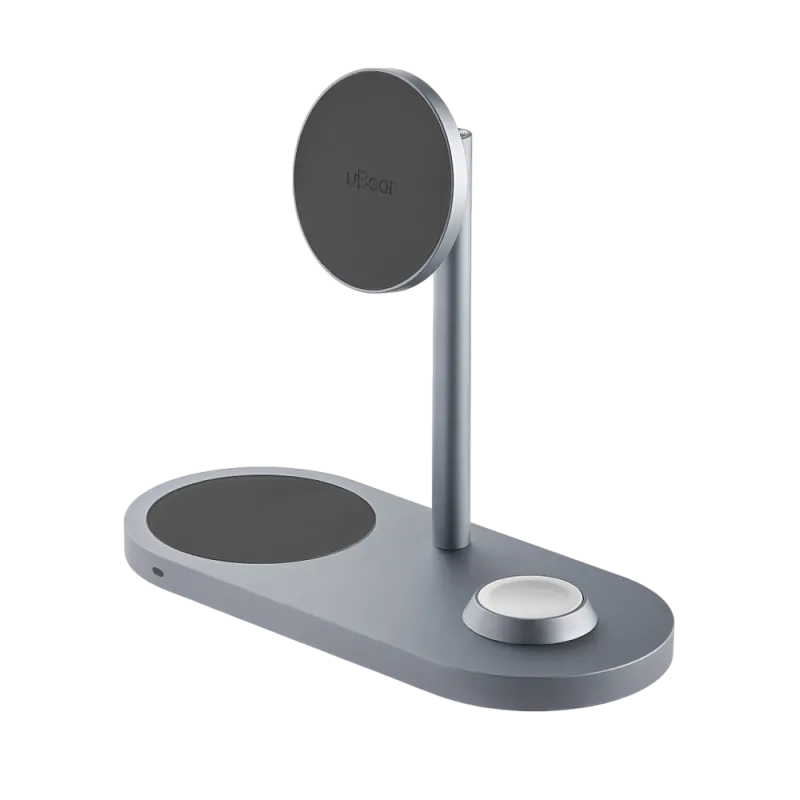 Беспроводное зарядное устройство uBear Stage Pro, 3-в-1, MagSafe совместимое, цвет серый космос