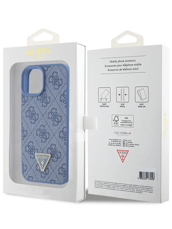 Чехол Guess для iPhone 15 PU 4G Triangle Diamond metal logo Hard Blue