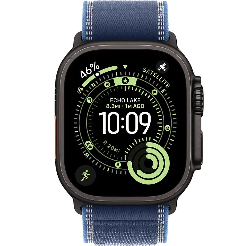 Apple Watch Ultra 3, 49 мм, корпус из чёрного титана, ремешок Trail цвета «синий/ярко-синий»