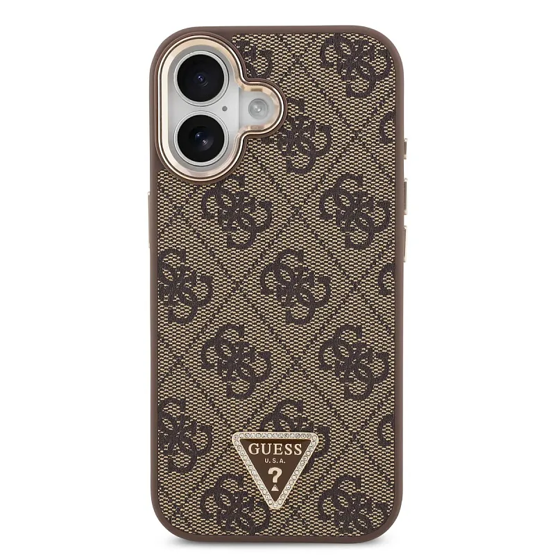 Чехол Guess для iPhone 17 PU 4G Triangle Diamond metal logo Gold camera Hard, коричневый