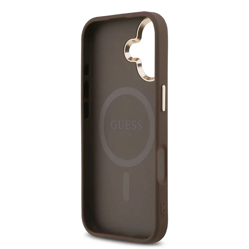 Чехол Guess для iPhone 17 PU 4G Triangle Diamond metal logo Gold camera Hard, коричневый