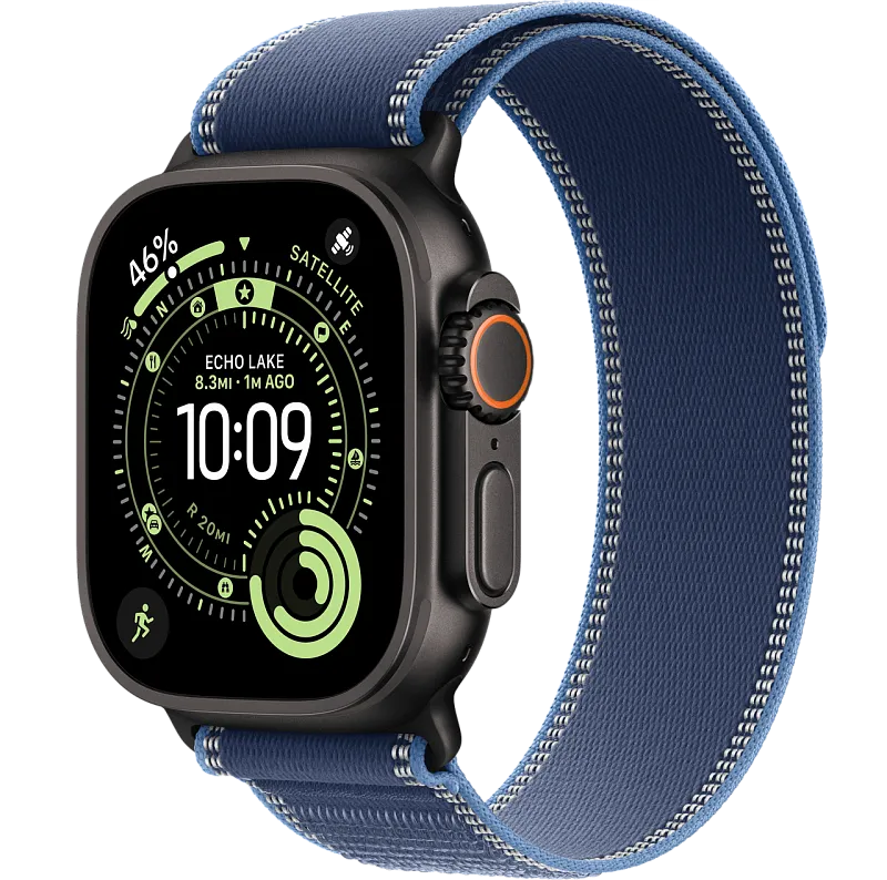 Apple Watch Ultra 3, 49 мм, корпус из чёрного титана, ремешок Trail цвета «синий/ярко-синий»