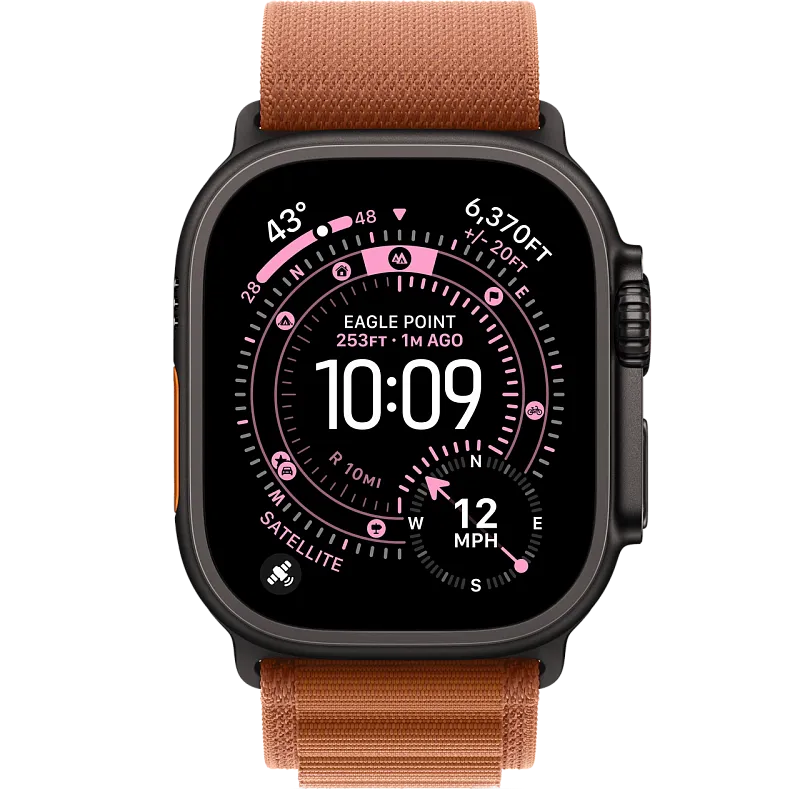 Apple Watch Ultra 3, 49 мм, корпус из чёрного титана, ремешок Alpine терракотового цвета