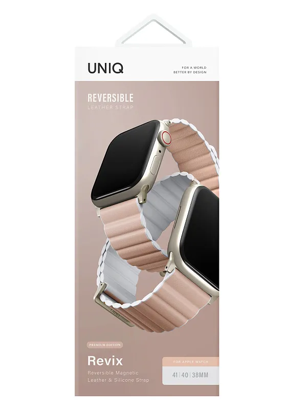 Ремешок Uniq для Apple Watch 41/40/38 mm Revix Premium Ed. Leather/Silicone Blush Pink/White