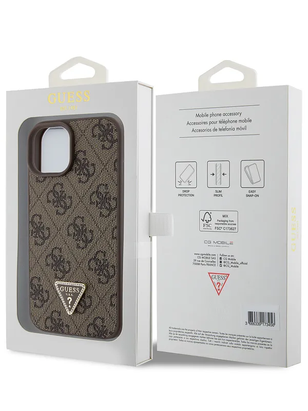 Чехол Guess для iPhone 15 PU 4G Triangle Diamond metal logo Hard Brown