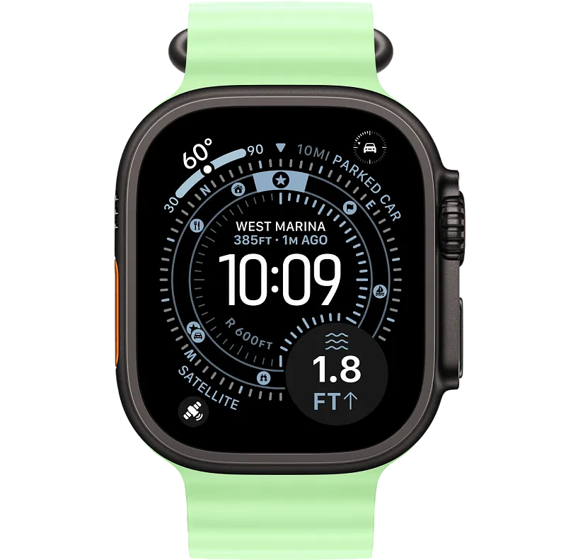 Apple Watch Ultra 3, 49 мм, корпус из чёрного титана, ремешок Ocean цвета «неоновый зелёный»
